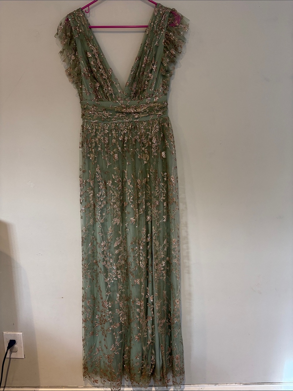 Baltic born Arden shimmer gown in sage+gold featuring a long V neckline - Picture 2 of 12